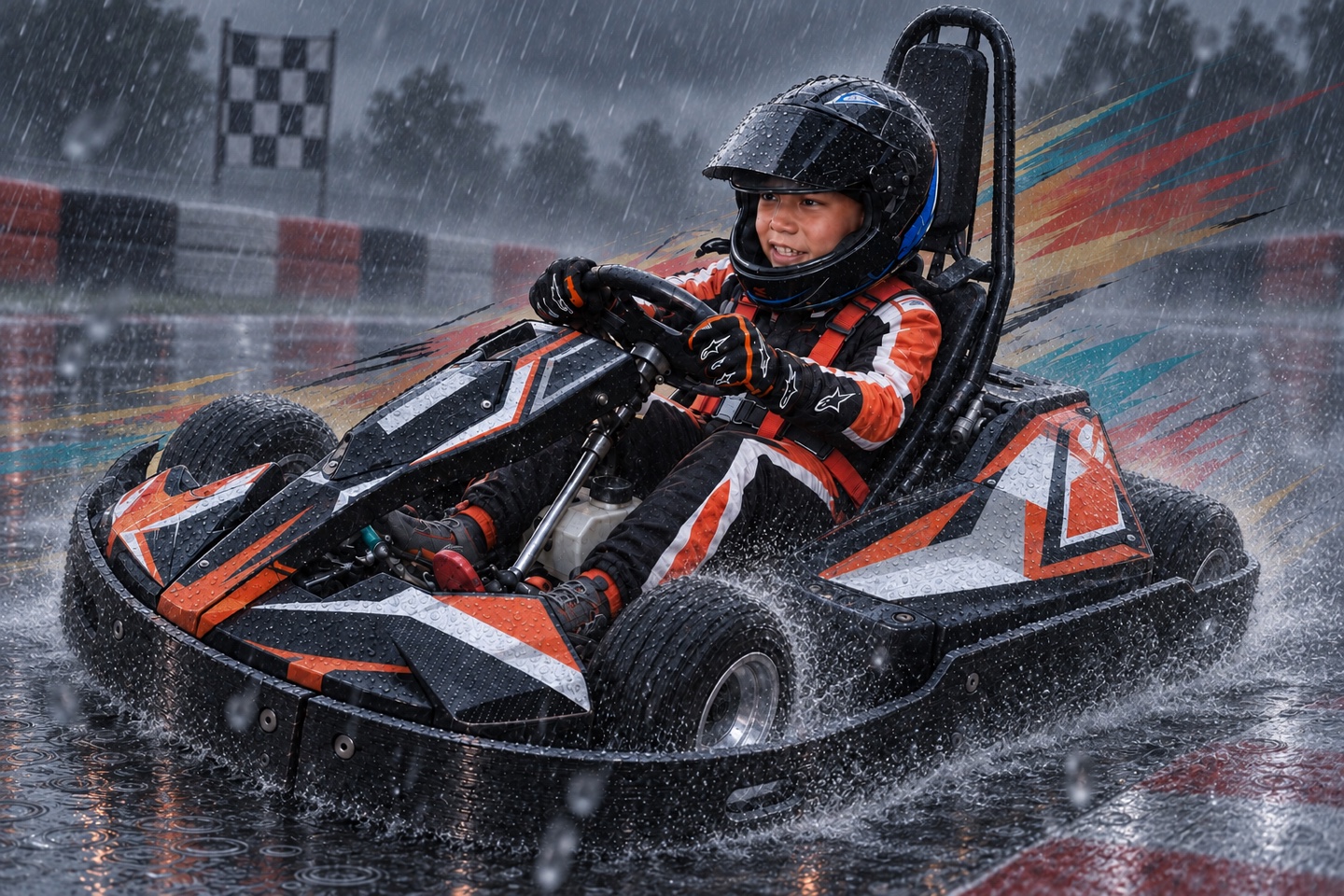 Nadim driving a go-kart through a dark tropical monsoon